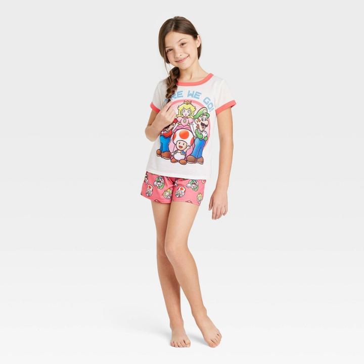 Nintendo Girls' Super Mario 'here We Go' 2pc Pajama Set - Coral Red