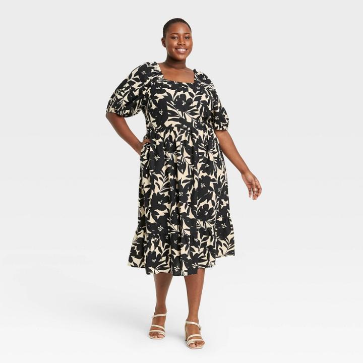 Women's Plus Size Floral Print Puff Elbow Sleeve Empire Waist Dress- Who What Wear Cream