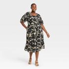 Women's Plus Size Floral Print Puff Elbow Sleeve Empire Waist Dress- Who What Wear Cream