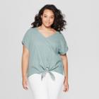 Women's Plus Size Short Sleeve V-neck Knit To Woven Tie Front - Universal Thread Green