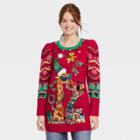 33 Degrees Women's Holiday Giraffe Mistletoe Graphic Sweater - Red