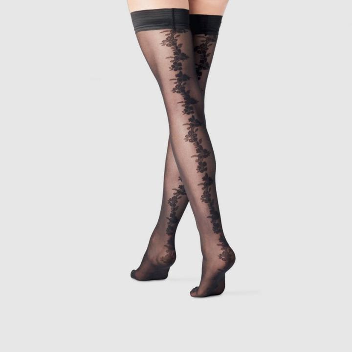 Women's Floral Backseam Thigh Highs - A New Day Black S/m, Size: