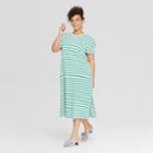 Women's Plus Size Striped Short Pleat Sleeve Midi T-shirt Dress - Who What Wear Green/white X, Green/white