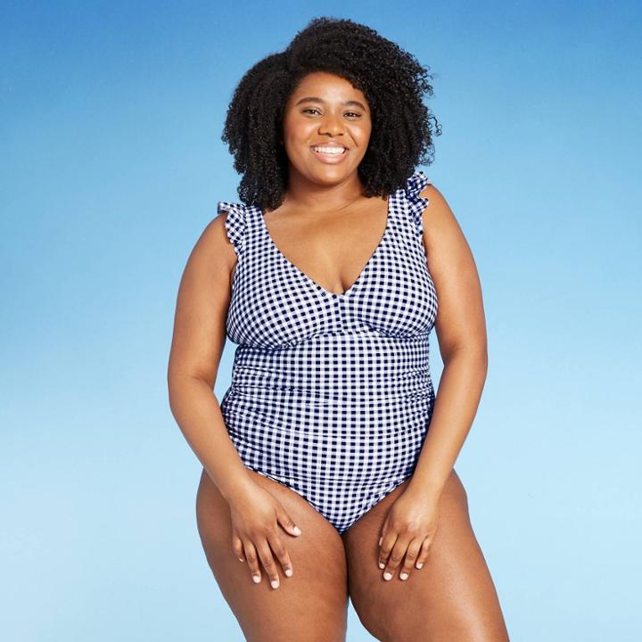 Women's Plus Size Ruffle Gingham High Coverage One Piece Swimsuit - Kona Sol Navy