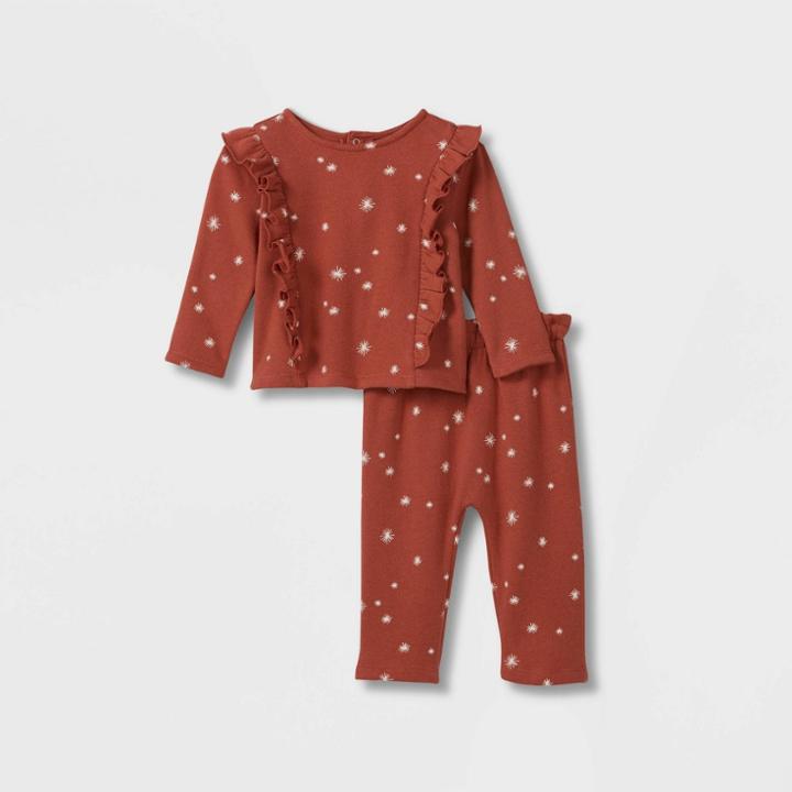 Grayson Collective Baby Girls' 2pc Star Ruffle Fleece Top & Bottom Set - Red Newborn
