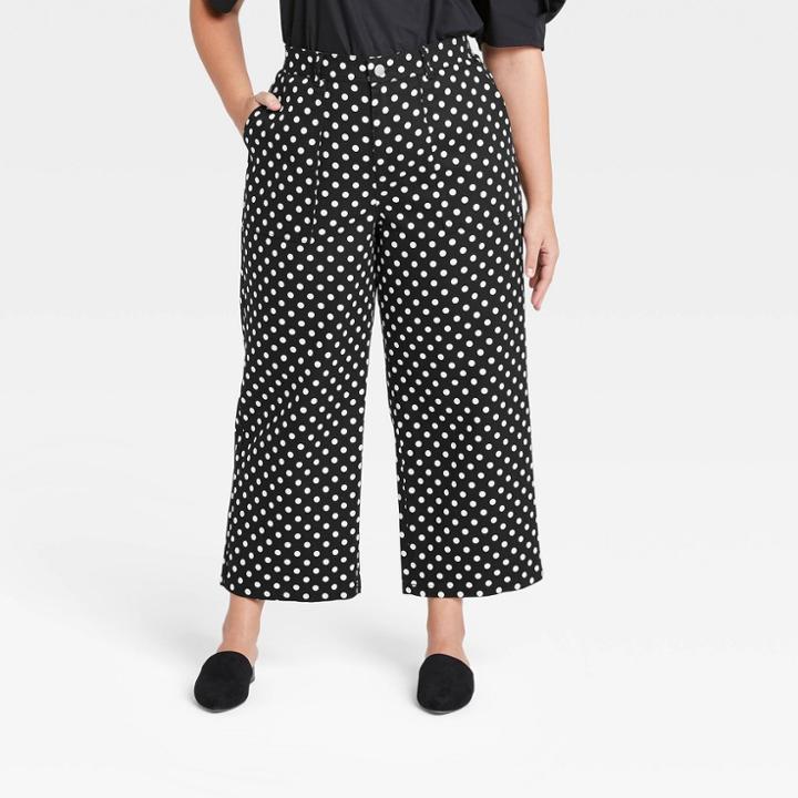 Women's Plus Size Polka Dot High-rise Regular Fit Wide Leg Pants - Who What Wear Black
