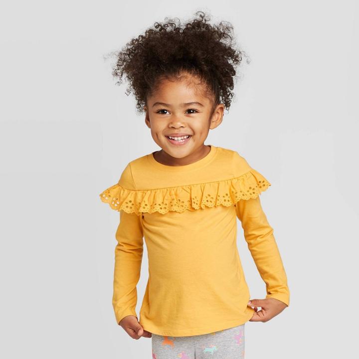 Toddler Girls' Long Sleeve Eyelet T-shirt - Cat & Jack Yellow 12m, Toddler Girl's