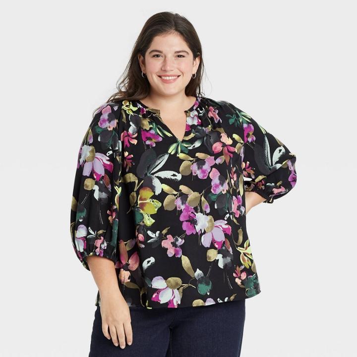 Women's Plus Size Floral Print 3/4 Sleeve Popover Blouse - Ava & Viv Black X