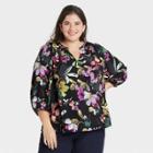 Women's Plus Size Floral Print 3/4 Sleeve Popover Blouse - Ava & Viv Black X