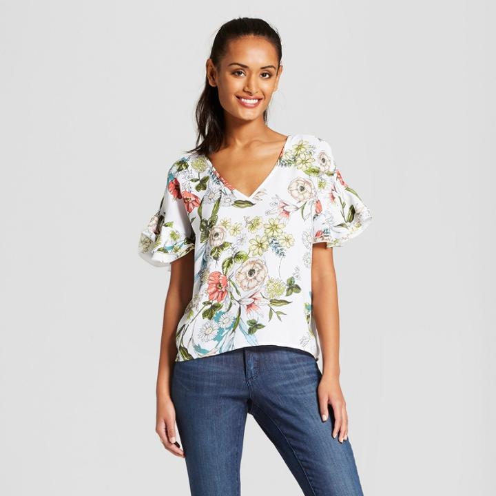 Women's Floral Print Ruffle Sleeve Top - 3hearts (juniors') Cream S, Green Off-white