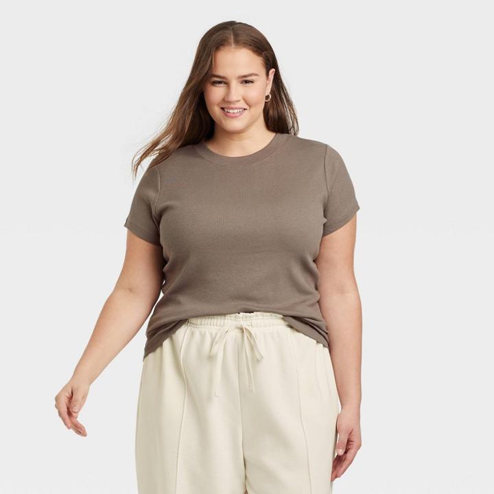 Women's Plus Size Short Sleeve Slim Fit Ribbed T-shirt - A New Day Brown