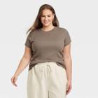 Women's Plus Size Short Sleeve Slim Fit Ribbed T-shirt - A New Day Brown