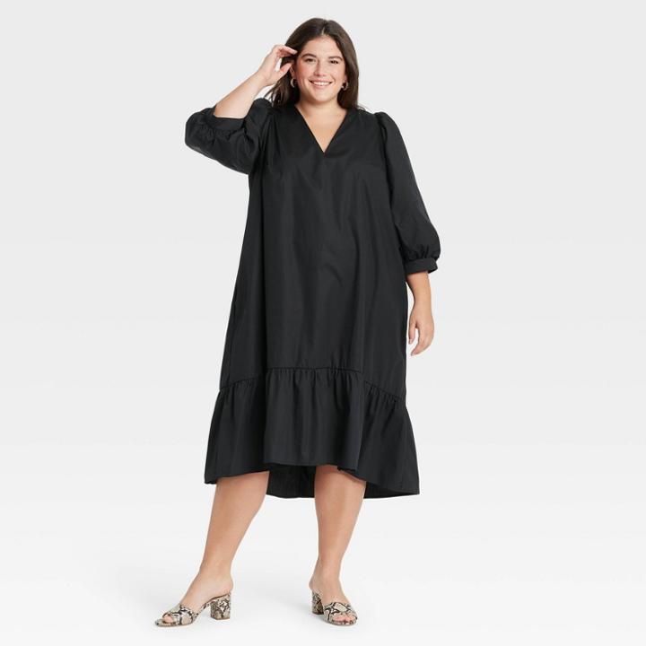 Women's Plus Size Long Sleeve Ruffle Hem Dress - A New Day Black