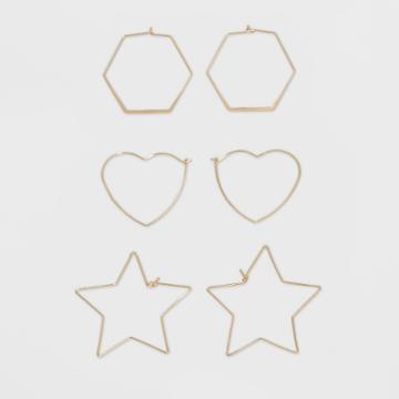 Sure Fit Hoop Trio With Hexagon, Heart, And Star Shape Earring Set - Wild Fable Gold