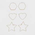 Sure Fit Hoop Trio With Hexagon, Heart, And Star Shape Earring Set - Wild Fable Gold