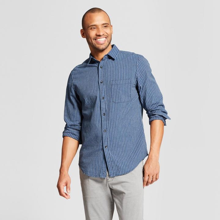 Target Men's Striped Standard Fit Long Sleeve Denim Button-down Shirt - Goodfellow & Co Jamestown Blue