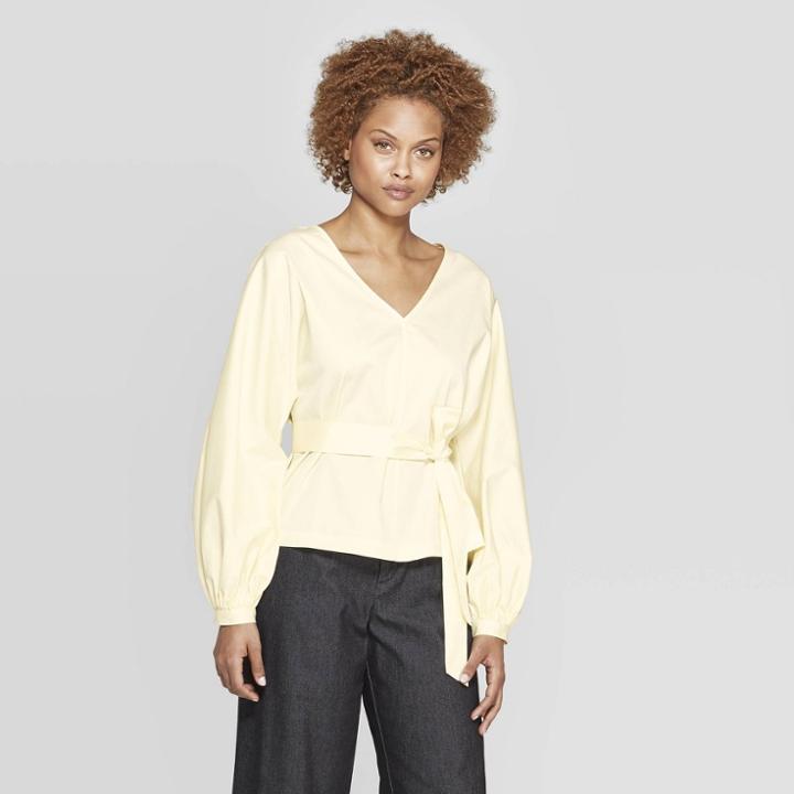 Women's Long Sleeve V-neck Tie Waist Dolman Blouse - Prologue Yellow