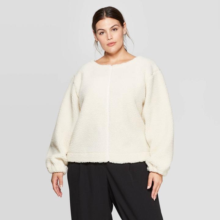 Women's Plus Size Long Sleeve Crewneck Sherpa Sweatshirt - Prologue White 1x, Women's,