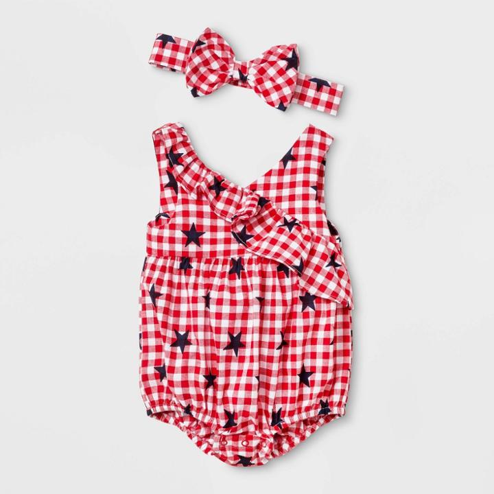 Baby Girls' Gingham Star Print Ruffle Romper With Headband - Cat & Jack Red Newborn, Girl's