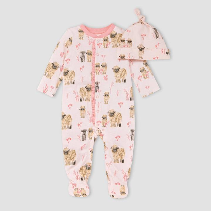 Burt's Bees Baby Girls' 'feeling Sheepish' Footed Jumpsuit & Knot Top Hat Set - Light Pink Newborn