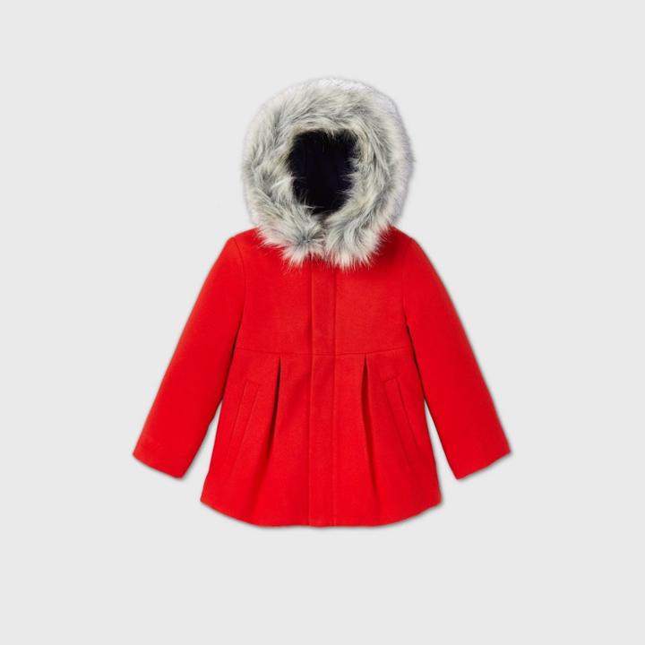 Toddler Girls' Hooded Fashion Faux Wool Coat With Removable Fur - Cat & Jack Red