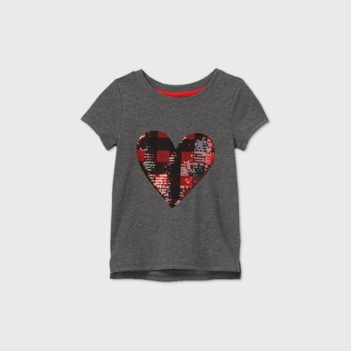 Toddler Girls' Flip Sequin Checkered Heart Short Sleeve T-shirt - Cat & Jack Gray