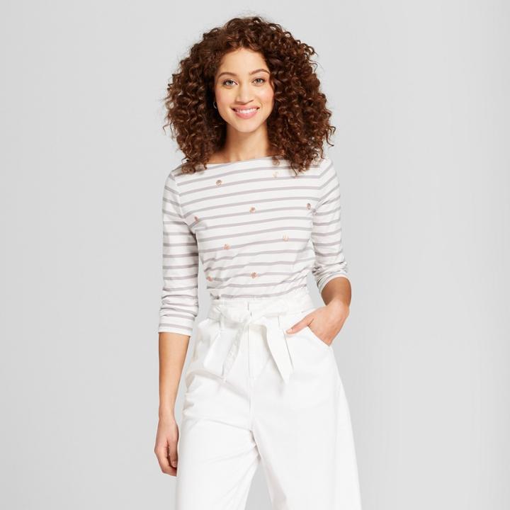 Women's Striped 3/4 Sleeve Boatneck T-shirt - A New Day Gray/white