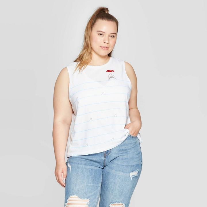 Women's Jaws Plus Size Sleeveless Embroidery Tank Top (juniors') - White