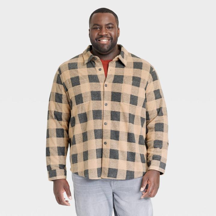 Men's Big & Tall Plaid Knit Button-down Shirt - Goodfellow & Co Brown