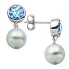 Prime Art & Jewel Sterling Silver Genuine White Pearl And Genuine Bezel Set Blue Topaz Post Earrings, Girl's, Silver/blue Topaz