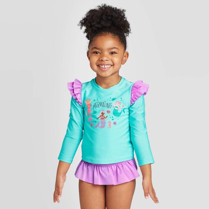 Toddler Girls' Mermazing Long Sleeve Rash Guard Set - Cat & Jack Aqua 12m, Toddler Girl's, Blue