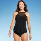 Women's High Neck Mesh Tankini Top - Aqua Green Black