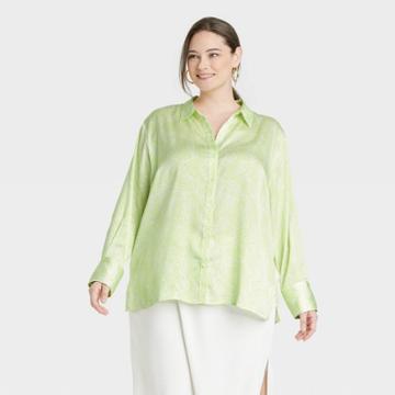 Women's Plus Size Long Sleeve Oversized Satin Button-down Shirt - A New Day Green
