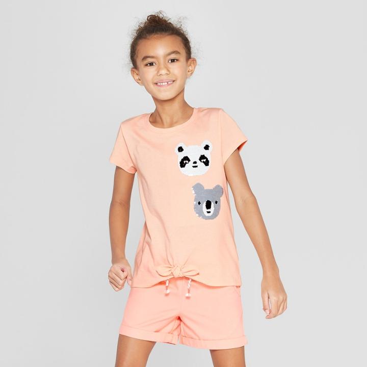 Girls' Short Sleeve Tie Front Bear & Koala Flip Sequins T-shirt - Cat & Jack Peach