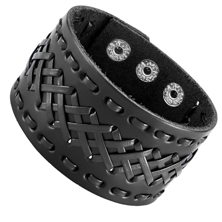 West Coast Jewelry Men's Leather Cross Stitched Cuff Bracelet - Brown, Black