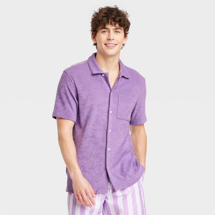 Men's Terry Short Sleeve Camp Button-down Shirt - Goodfellow & Co Purple