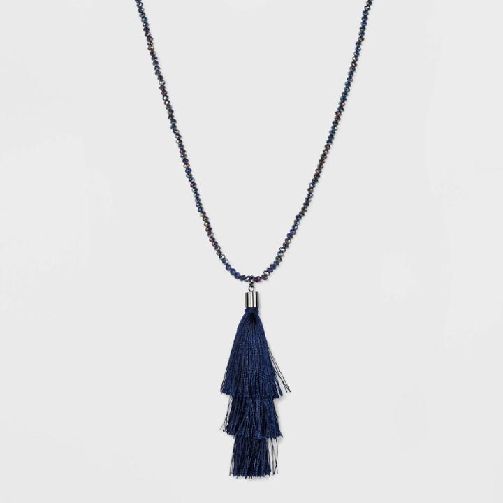 Glass Tassel Beaded Necklace - A New Day Navy, Women's, Blue Hematite