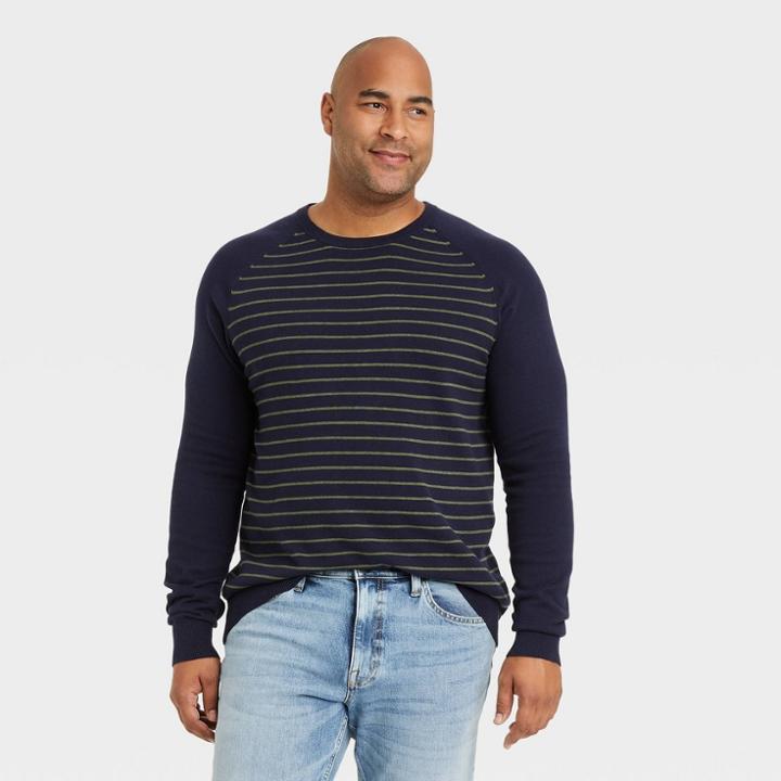 Men's Tall Striped Regular Fit Crewneck Pullover Sweater - Goodfellow & Co Blue