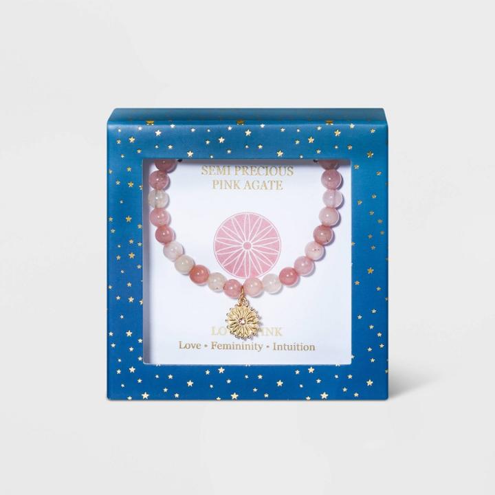 No Brand Semi-precious Pink Agate Beads And Mandala Stretch Bracelet - Pink