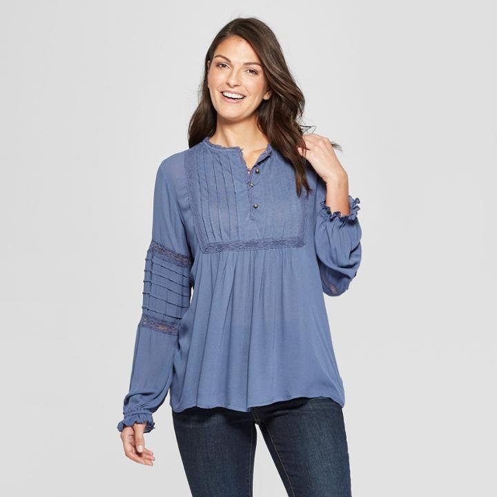 Women's Long Sleeve Lace Trim Peasant Top - Knox Rose