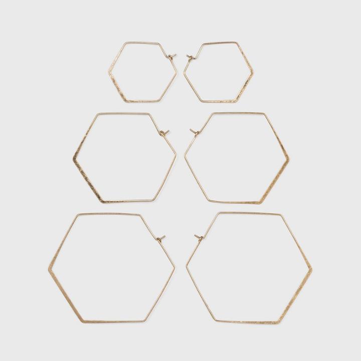 Hexagon In Worn Gold Hoop Earring Set - Universal Thread Gold, Women's
