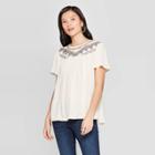 Women's Short Sleeve Crewneck Top With Embroidery - Knox Rose Ivory