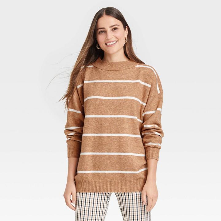 Women's Slouchy Mock Turtleneck Pullover Sweater - A New Day Camel
