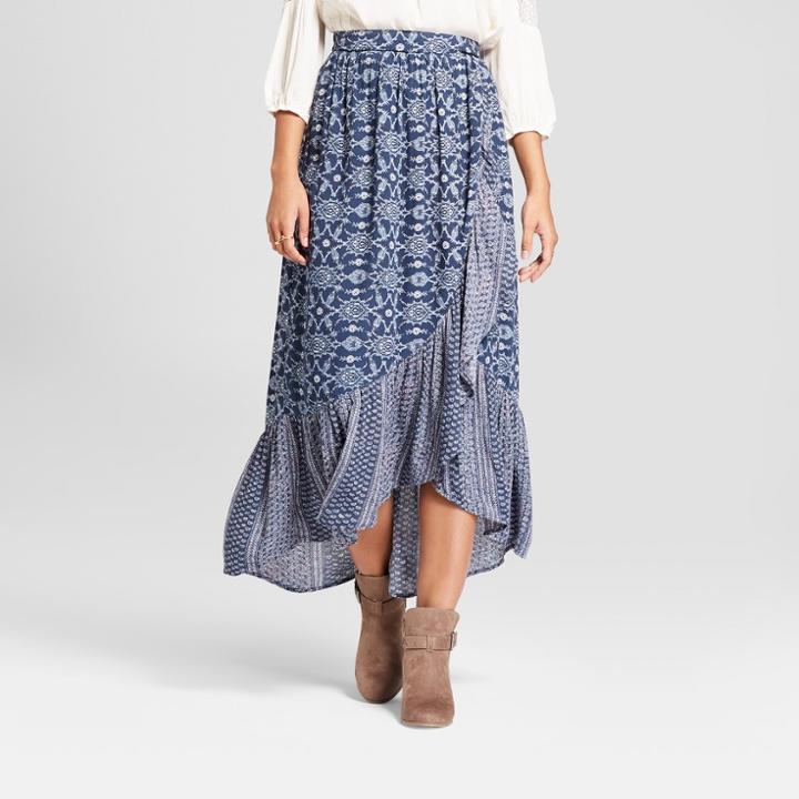 Women's Faux Wrap Printed Ruffle Hem Pull On Maxi Skirt - Knox Rose Slate Blue L,