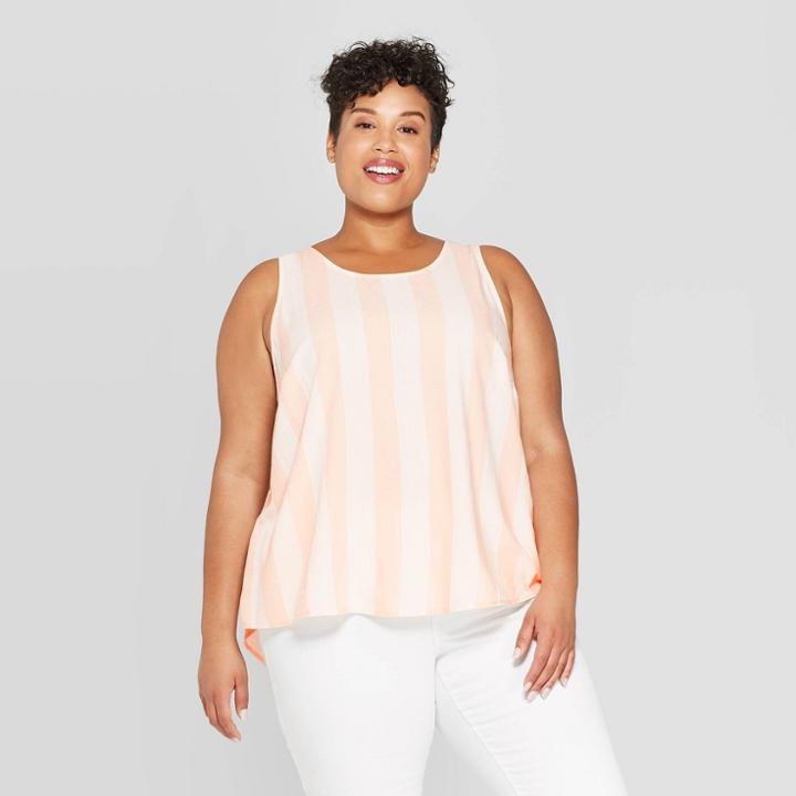 Women's Plus Size Striped Scoop Neck Button Back Tank Top - Ava & Viv Pink