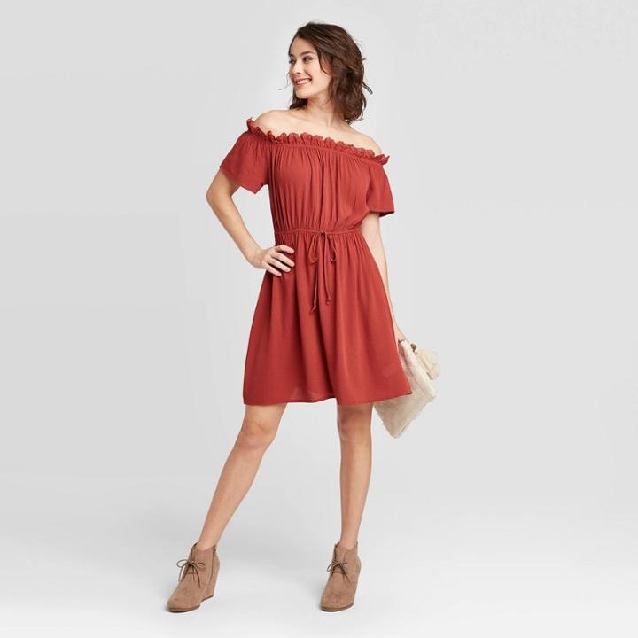 Women's Short Sleeve Eyelet Trim Off The Shoulder Mini Dress - Xhilaration Red S, Women's,