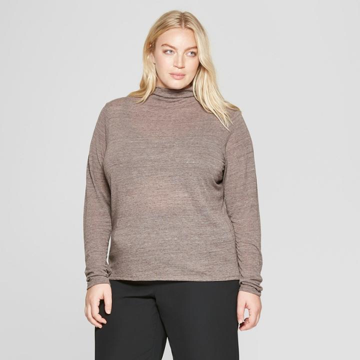 Women's Plus Size Long Sleeve Mock Neck T-shirt - Prologue Brown
