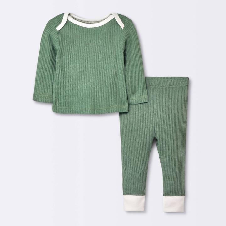 Baby 2pc Waffle Top & Bottom Set - Cloud Island Green Newborn