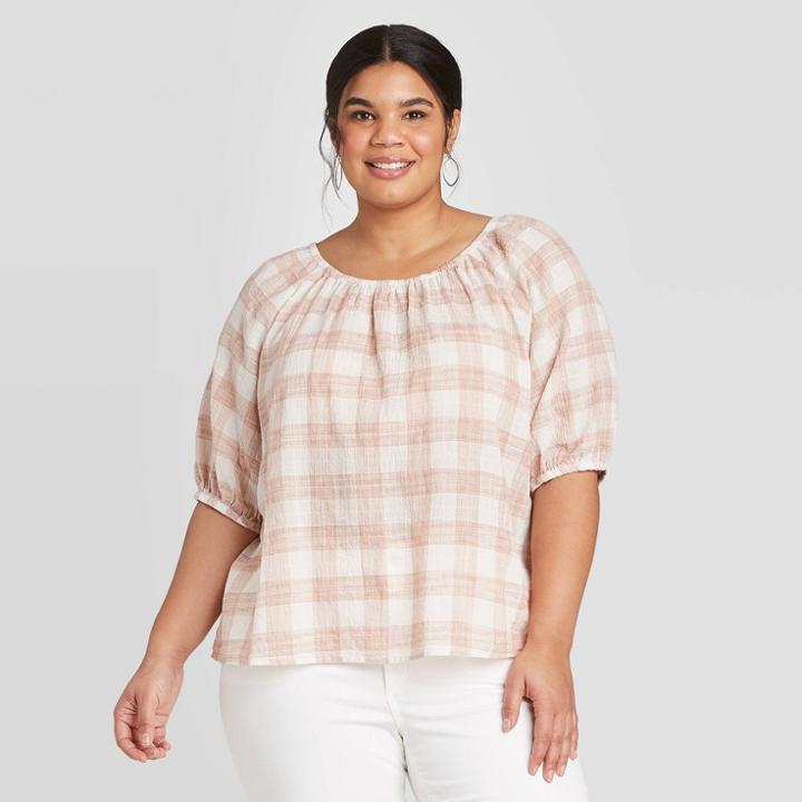 Women's Plus Size Plaid Elbow Sleeve Top - Universal Thread Cream 1x, Women's, Size: