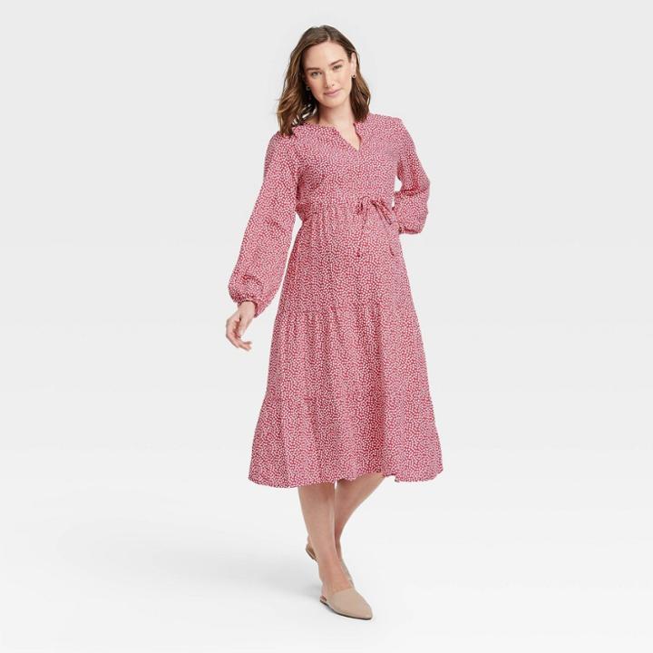 Long Sleeve Tie-waist Maternity Dress - Isabel Maternity By Ingrid & Isabel Red Polka Dot